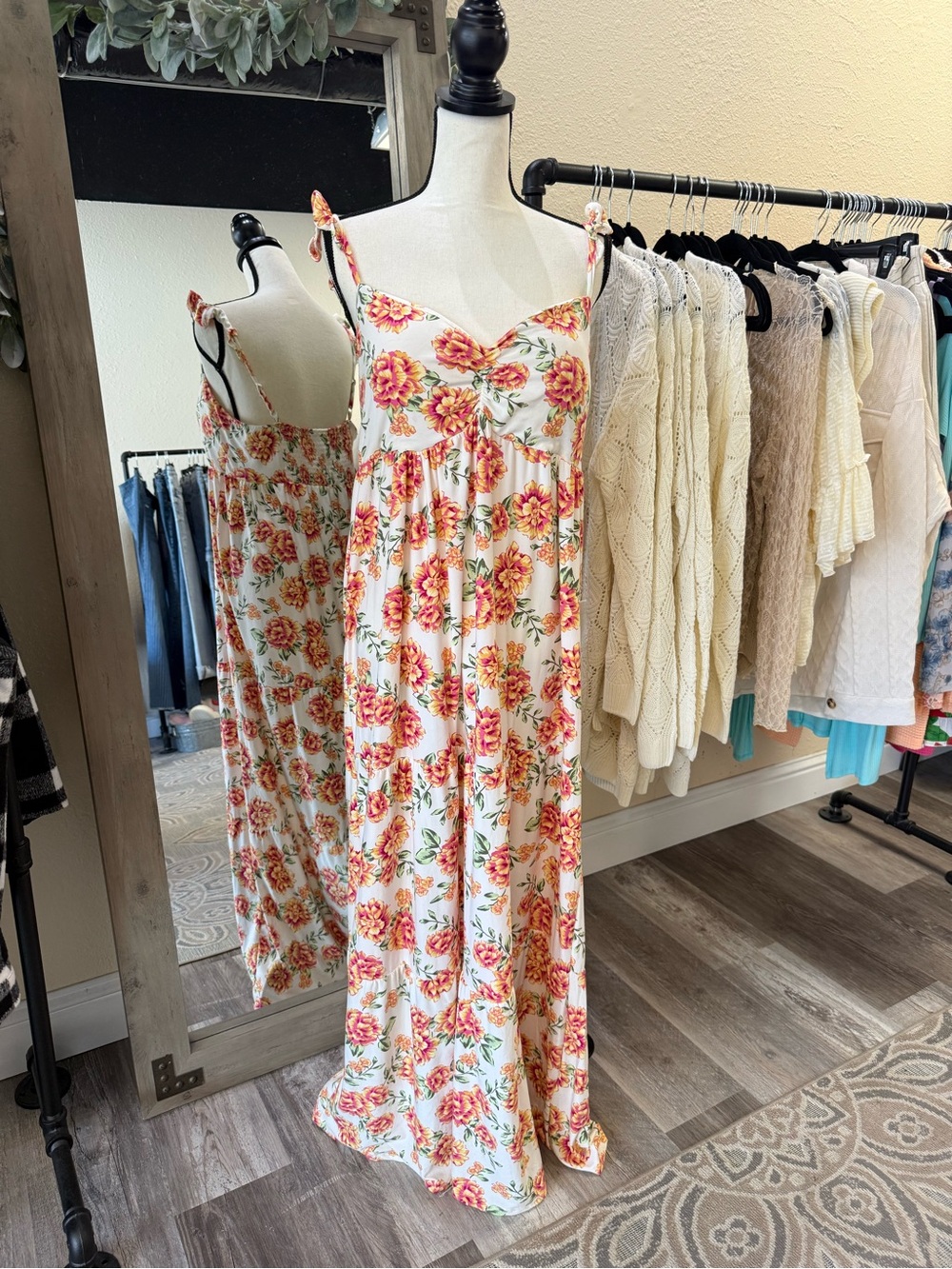 Floral Maxi Dress — White with Pink & Orange Flowers petite XL
